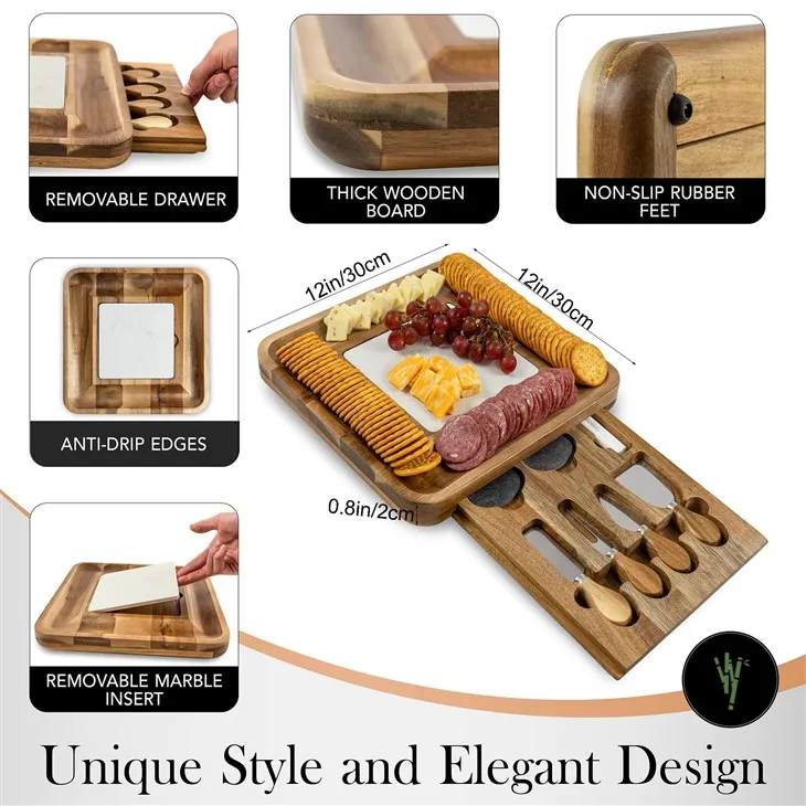 Wooden Removable Marble Cheese Board Set